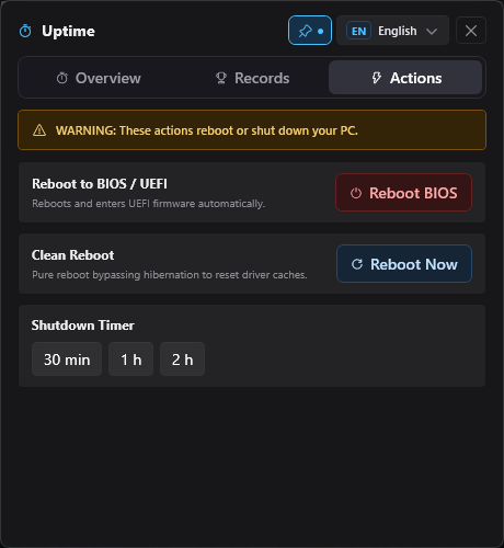 Uptime - Actions Screen